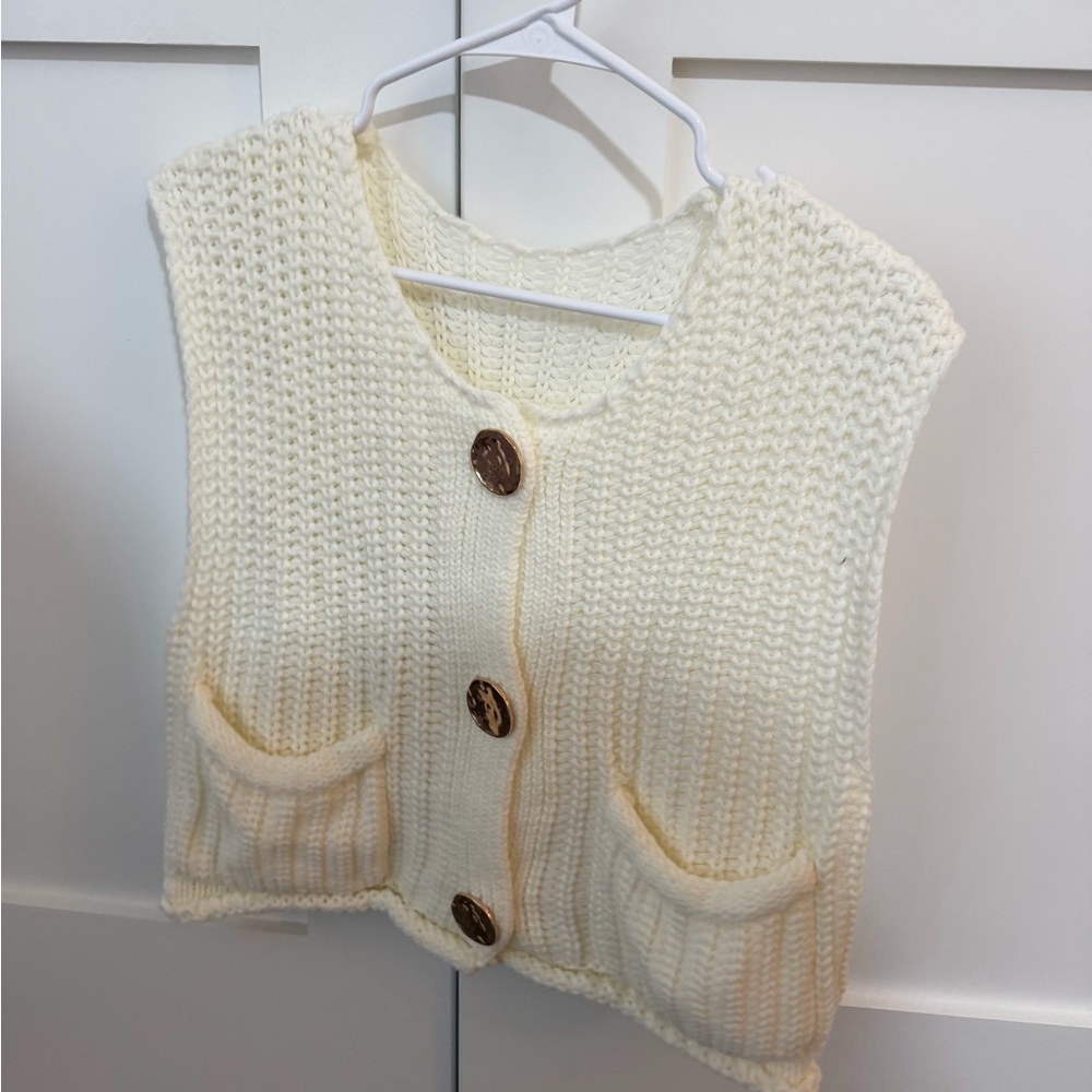 Cream Knit Button-Up Sweater Vest